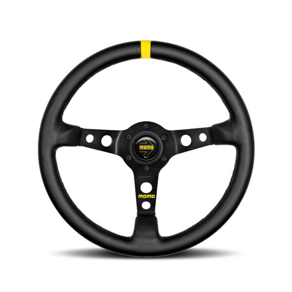 MOMO MOD.07 BLACK LEATHER – DEEP DISH WITH YELLOW LEATHER MARKER STEERING WHEEL