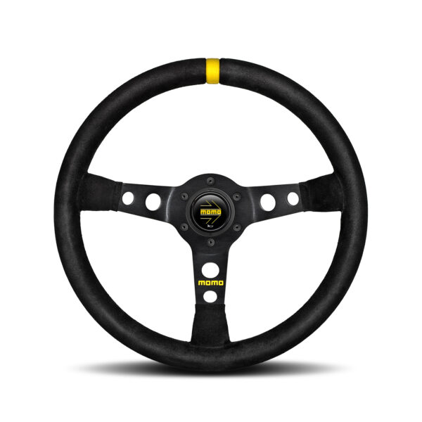 MOMO MOD.07 BLACK SUEDE – DEEP DISH WITH YELLOW SUEDE MARKER STEERING WHEEL