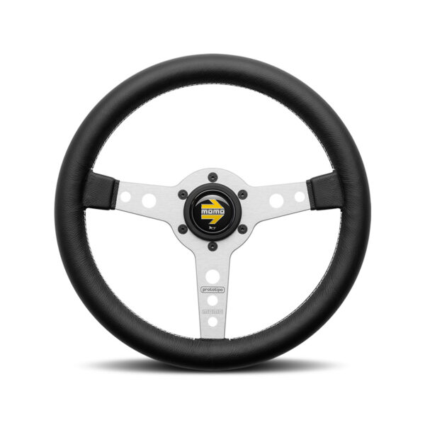 MOMO PROTOTIPO – BLACK LEATHER SILVER SPOKE STEERING WHEEL