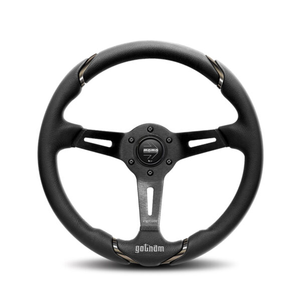 MOMO GOTHAM – Black Leather Dark Chrome Inserts Steering Wheel