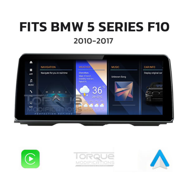 BMW 5 SERIES (F10, F11, F18) ANDROID 13 | MULTIMEDIA HD IPS TOUCHSCREEN DISPLAY + BUILT-IN WIRELESS CARPLAY & ANDROID AUTO 12.3″ – Fits: 2010 – 2017 (LHD & RHD)