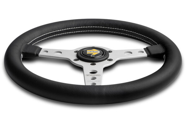 MOMO PROTOTIPO – BLACK LEATHER SILVER SPOKE STEERING WHEEL